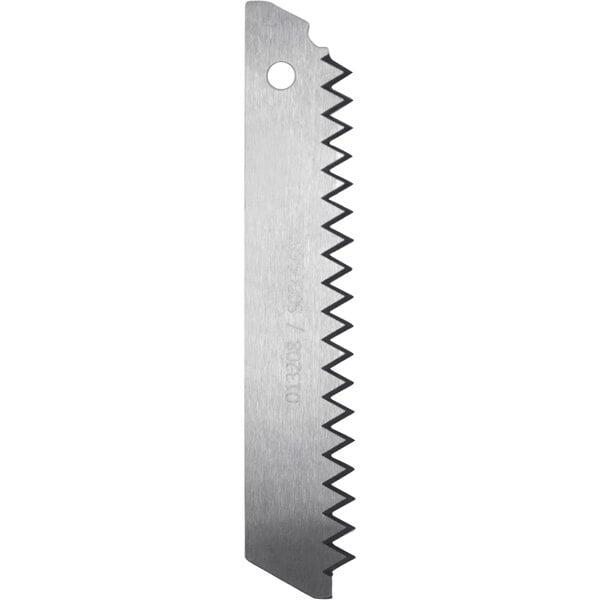 A serrated metal blade with sharp teeth and a white and black zigzag pattern.
