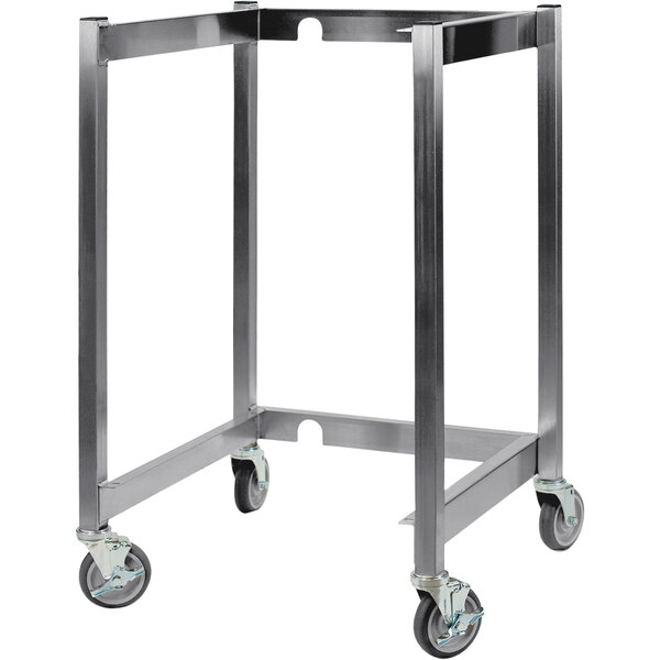 A stainless steel AccuTemp stand with wheels.