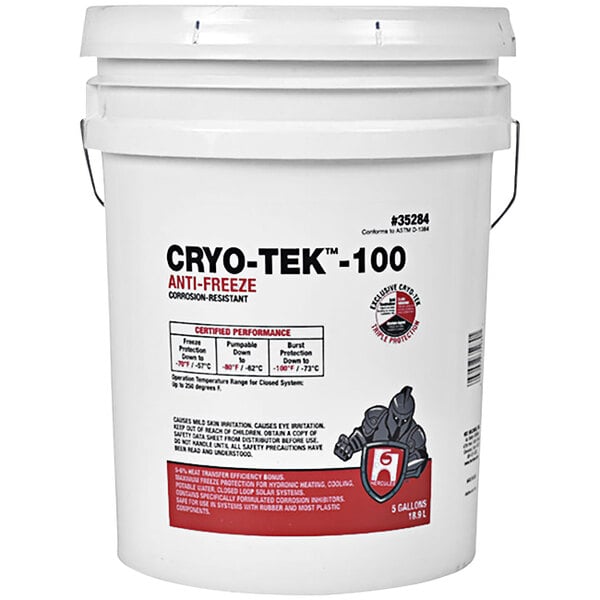 A white Oatey Cryo-Tek-100 5 gallon bucket with a red lid and text.