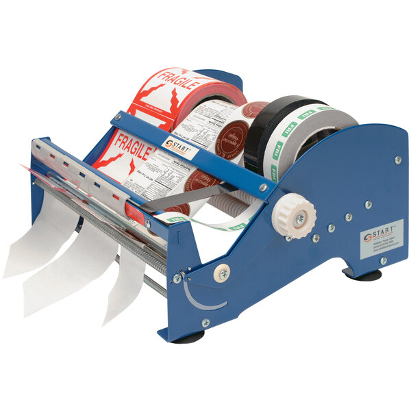 A blue Start International label dispenser with rolls of tape and labels.
