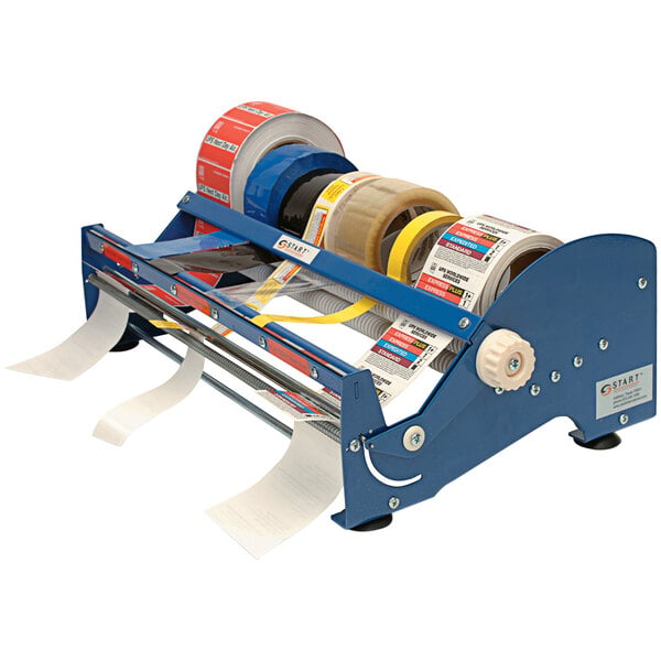 A white Start International label dispenser holding blue and red rolls of labels.