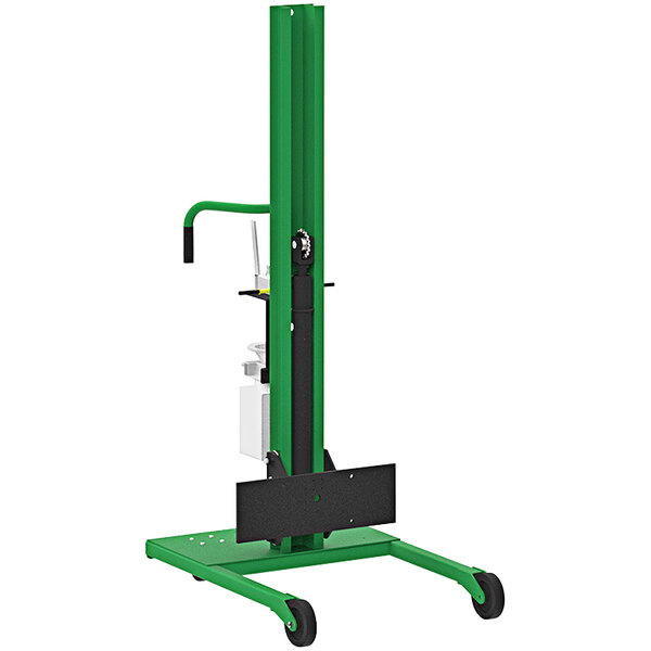 A green and black Valley Craft pneumatic powered steel straddled lift with a handle.