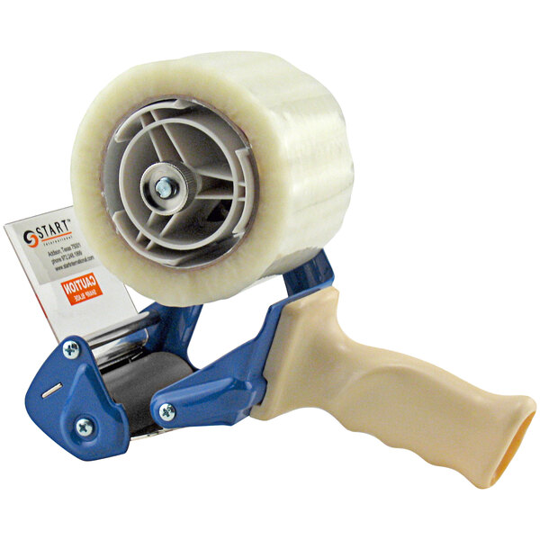 A blue and white plastic Start International 3" Heavy-Duty Tape Gun dispenser with a handle.