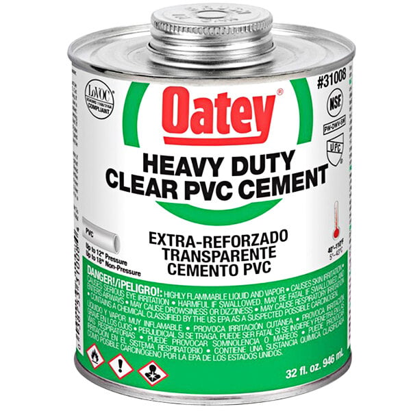 A can of Oatey heavy duty clear PVC cement.
