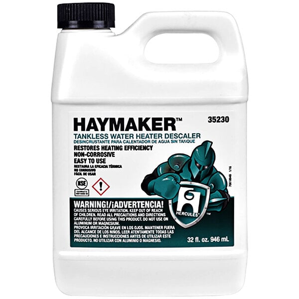 A white plastic container of Hercules Haymaker 32 oz. Tankless Water Heater Descaler with a black cap and label.