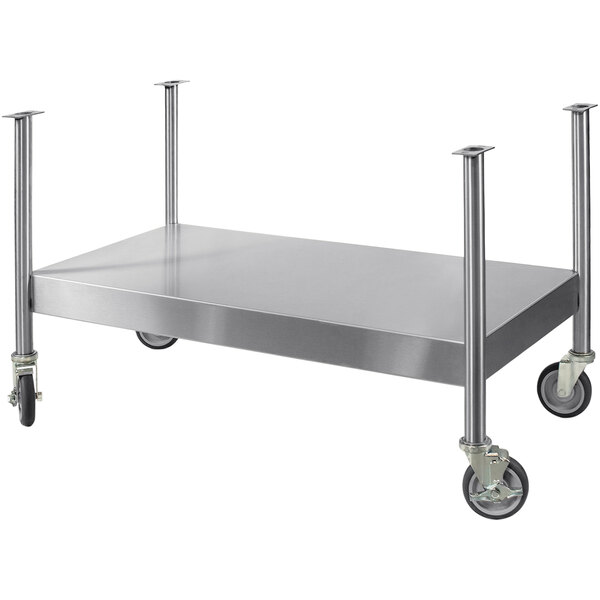 A stainless steel AccuTemp single shelf stand with four metal legs.