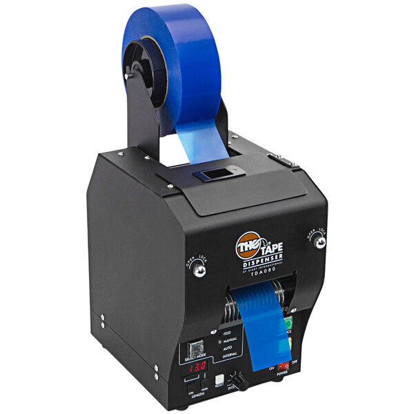 A black machine with a blue Start International tape dispenser.