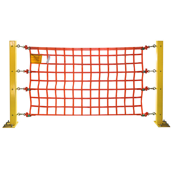 An orange safety net for above ground loading docks.