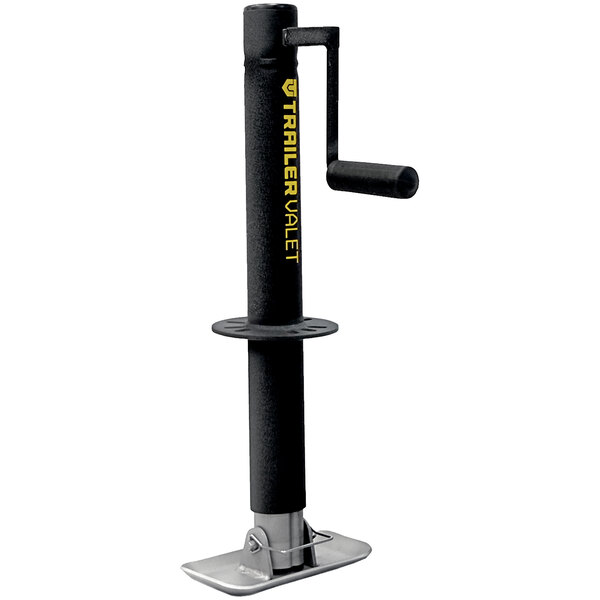 A black and yellow Trailer Valet tongue jack with a handle.