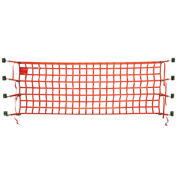 An orange safety net with metal clips at each corner.