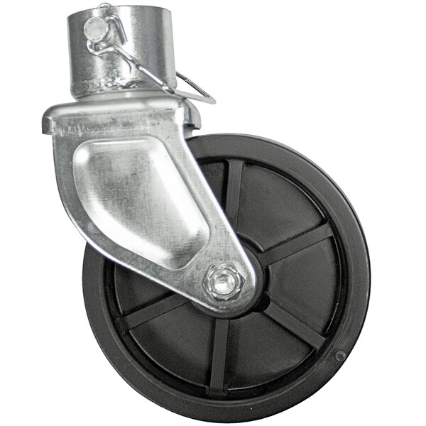 A metal wheel with a black rubber wheel and a black handle on a black castor.