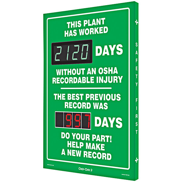 A green digital sign with white text and numbers reading "This Plant Has Worked Days Without an Injury" and "Best Previous Record Was"