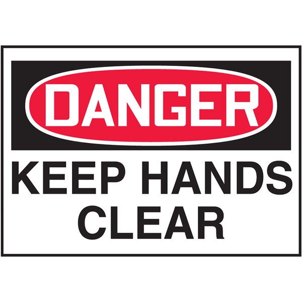 An Accuform "Danger Keep Hands Clear" safety label with white text on a red and white background.