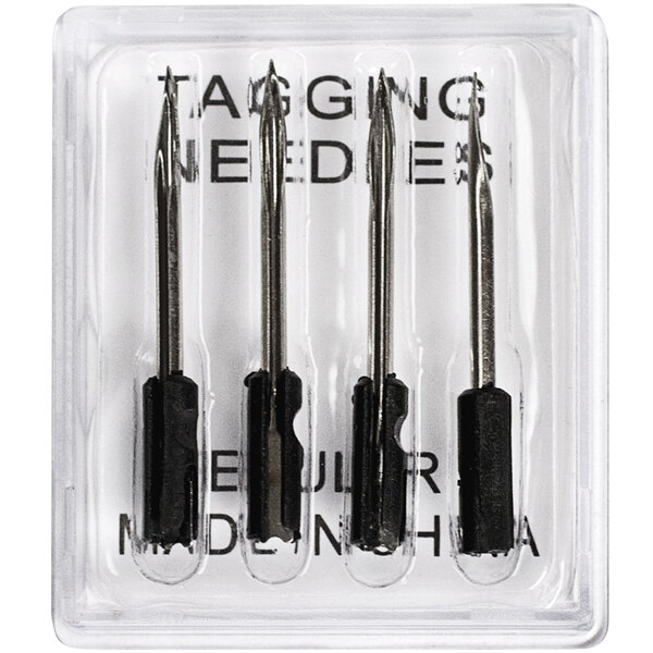 A plastic package holding four replacement needles for a tagging gun.