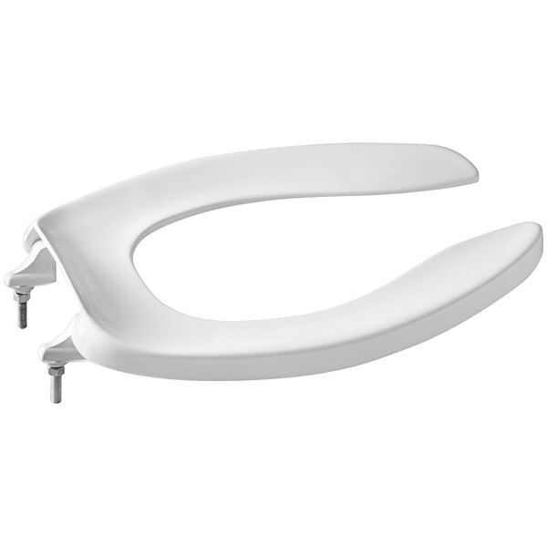 A white Zurn elongated toilet seat with two metal screws.