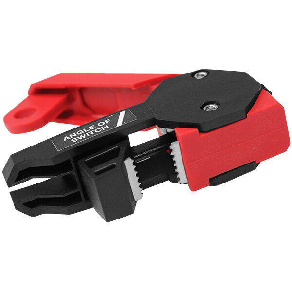 A red and black plastic and metal circuit breaker lockout tool.