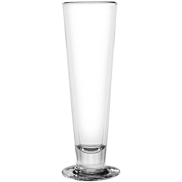 A clear footed pilsner glass.