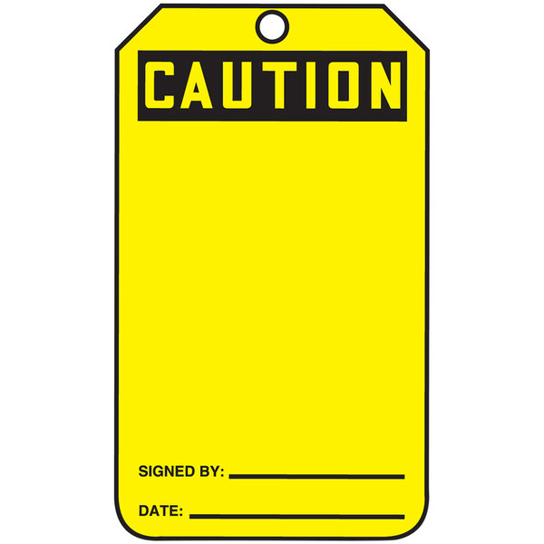 A yellow Accuform "Caution" safety tag with black text and a white background.