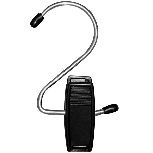 A 4 1/2" black plastic Hang-All clip with a chrome hook.
