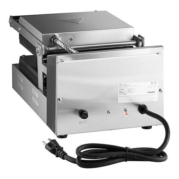 A white Estella Press-Style Belgian Waffle Maker machine with a cord.