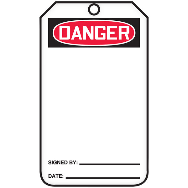 A white Accuform plastic safety tag with red and black text reading "Danger (Blank)"