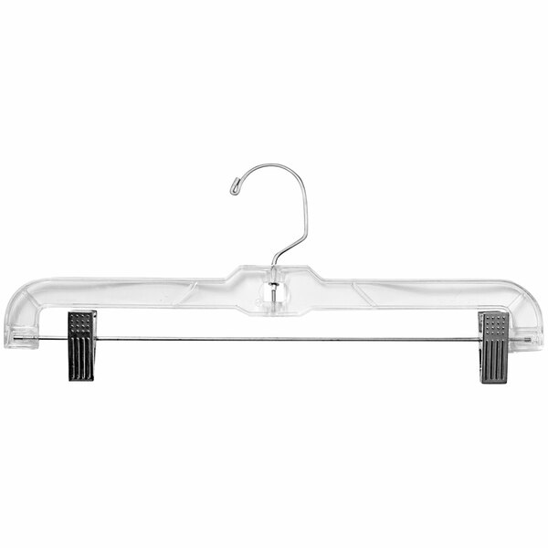 A close-up of a 14" clear plastic skirt/pant hanger with chrome hardware.