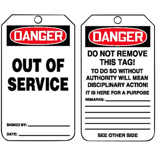 Two red and white plastic Accuform safety tags with black text reading "Danger" and "Out Of Service" with grommets.