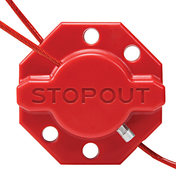 A red plastic Accuform lockout hasp with metal and metal cable.