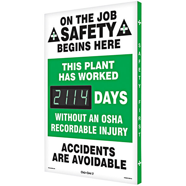 A green and white Accuform sign with a digital clock and black text that says "This Plant Has Worked Days Without an OSHA Recordable Injury"