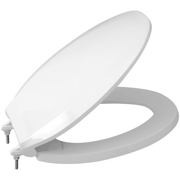A white Zurn elongated toilet seat with a lid