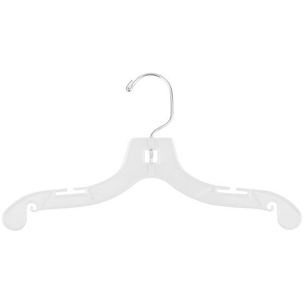 A 12" white plastic children's shirt hanger with a chrome hook.