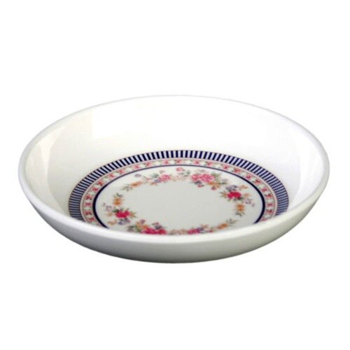 A white Thunder Group round melamine sauce dish with a rose design.