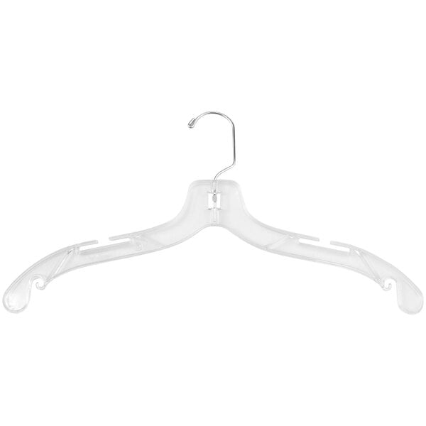 A clear plastic shirt hanger with a chrome hook.