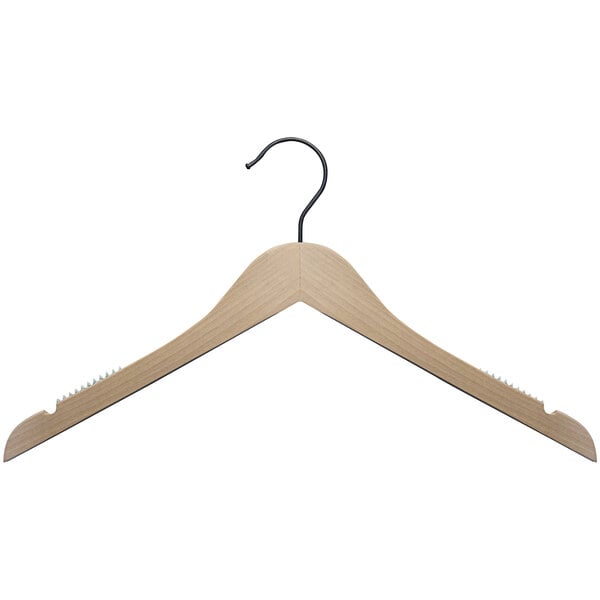 A 17" wooden shirt hanger with a gunmetal hook on a white background.