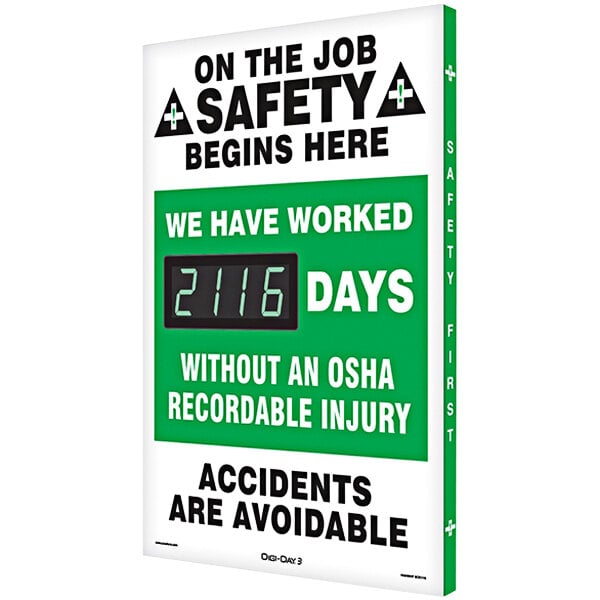 A green and white Accuform sign with a digital clock and black text that reads "We Have Worked Days Without an OSHA Recordable Injury"