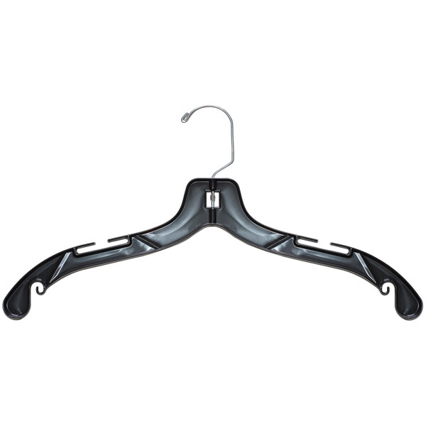 A 17" black plastic shirt hanger with a chrome hook.