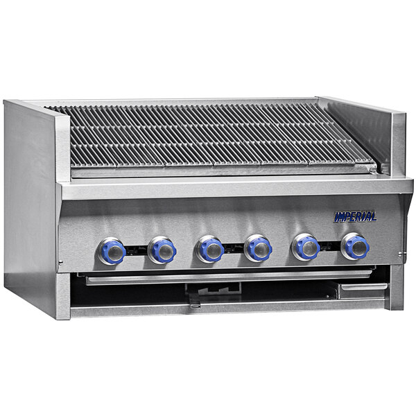A stainless steel Imperial Range liquid propane steakhouse broiler with blue knobs.