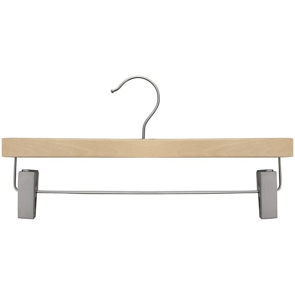 A 14" wooden skirt/pant hanger with brushed chrome hardware.