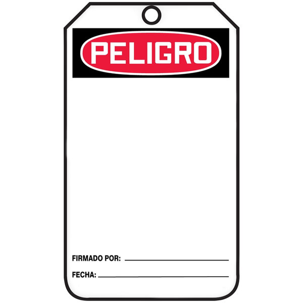 A white equipment tag with red and black text that says "Peligro" and has a red and black border.