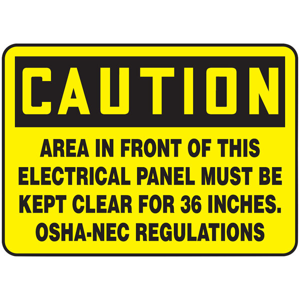 A yellow and black Accuform "Caution / Area In Front Of Electrical Panel" safety sign with black text.