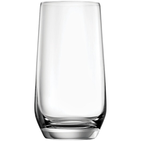 A Lucaris long drink glass filled with a clear liquid.