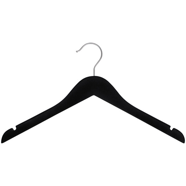 A black wooden shirt hanger with a curved shape and a chrome hook.