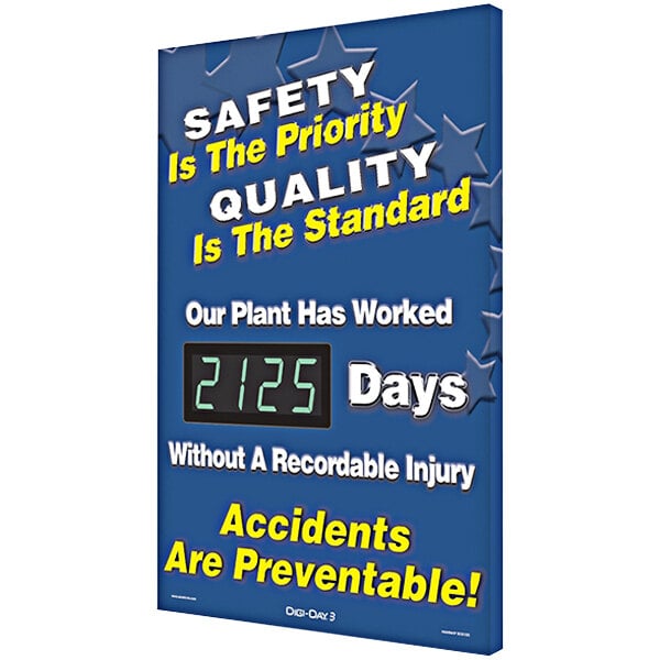 An Accuform blue sign with yellow and white text that says "Safety is the Priority" and "Quality is the Standard" with a digital clock.
