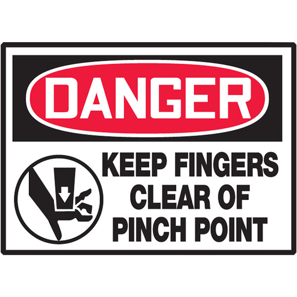A red, black, and white Accuform "Danger Keep Fingers Clear Of Pinch Point" safety label.
