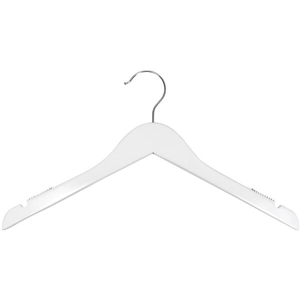 A 17" white wooden shirt hanger with a chrome hook.