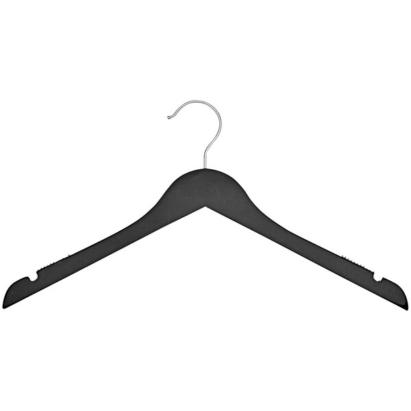A 17" black wooden shirt hanger with a chrome hook.