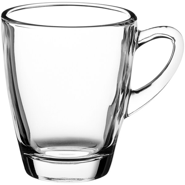 A Kenya clear glass coffee mug with a handle.
