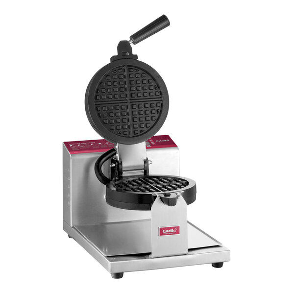 An Estella commercial round waffle maker with a lid on a white background.