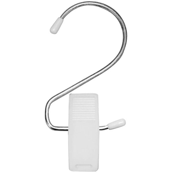 A white rectangular plastic clip with a metal hook.