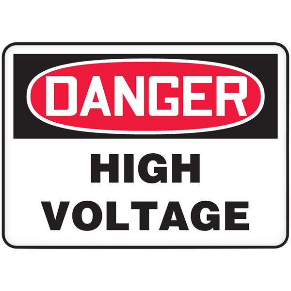 A white Accuform plastic warehouse sign with a red and black rectangle and white text that says "Danger / High Voltage"